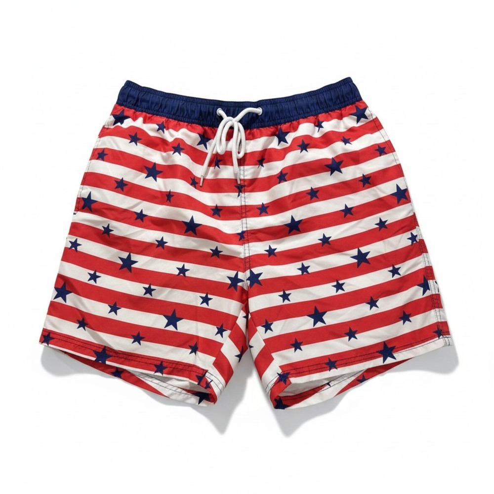 Way to Celebrate! M Red White Blue Stars‎ Stripes Swim Trunks Patriotic Casual